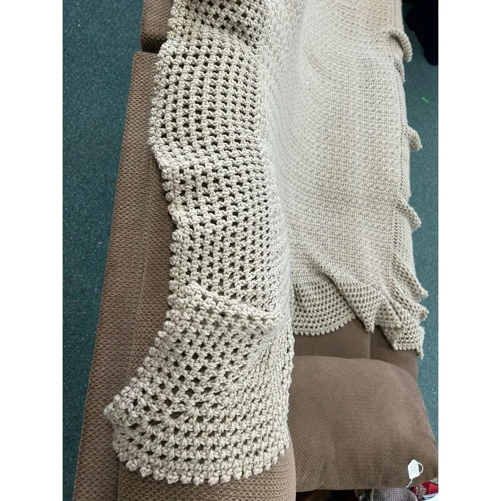 ALL Handmade‎ Crochet Blanket Afghan Throw Brown Retro Boho Scalloped 72